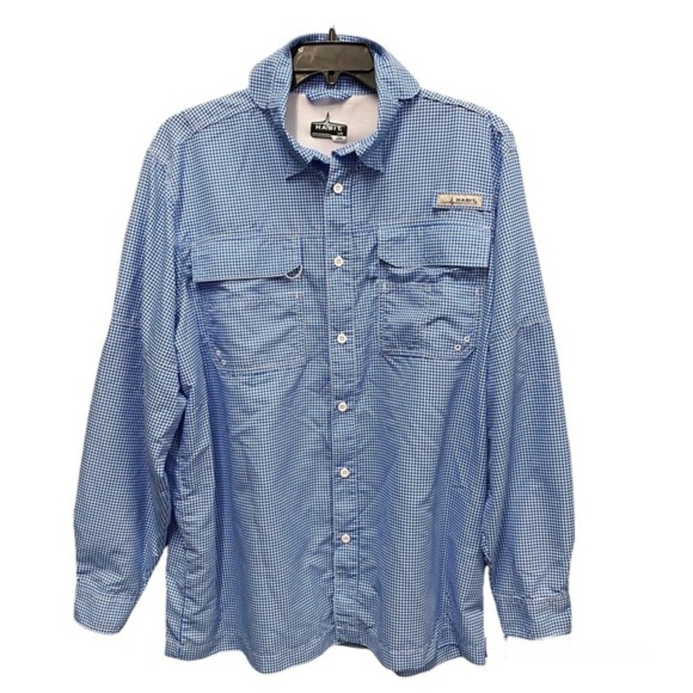 Habit Fishing Shirt Blue Gingham Nautical Costal UV Protection Angler Mens Large